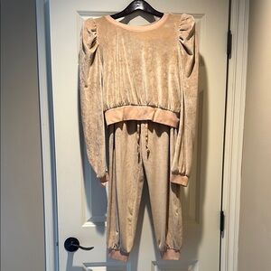 Lovers + Friends Cropped Velvet Beige Cropped Jumpsuit